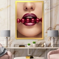 DesignArt 'Девојче со црвени бисери во уста во сензуална поза' модерен врамен уметнички принт