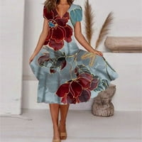 Стабилни фустани за жени кратки ракави за жени v вратот од лето летен цветен фустан вино l