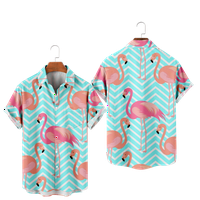 Сини Фламинго Кошули за Мажи 3д Печатена Машка Хавајска Кошула Плажа Модни Блузи Со Кратки Ракави Маици Мажи, Е-Л