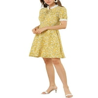 Уникатни поволни цени, женски цветни јаки јаки, случајни кратки ракави, мини фустан жолт л