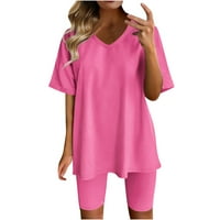 Жените Поставува Мода V Вратот Блуза Краток Ракав Блузи Шорцеви Секојдневен Костум Топла Розова XL