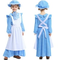 Девојки Пионерски Костим Сини Долги Ракави Цветни Фустан Со Престилка Шапка