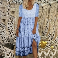 Фустан за жени, женски боемски цветни принт макси фустан Краток ракав тркалезен врат плажа проточна забава Плажа на плажа Скај