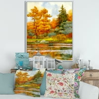 Дизајн -есенска шума покрај езерото III 'езерото куќа врамена на платно wallидна уметност печатење