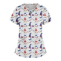 Фетерна Плус Големина Печатени Работни Униформи Блузи За Жени Крстот V-Вратот Краток Ракав Маици Со Џебови блузи за жени облечени