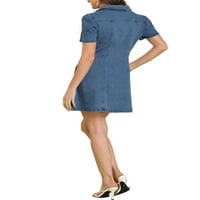 Уникатни поволни цени за женски линија, свртете ја јаката вертикална џебна фустан од тексас