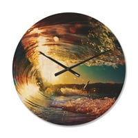 DesignArt 'обоени океански бранови паѓаат на Sunset III' крајбрежниот woodиден часовник на дрво