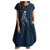 Womenените случајни О-вратот за печатење Постелнина Краток ракав лабав џеб лабава фустан макси летни фустани за жени обични