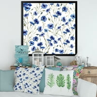 DesignArt 'Сини диви цвеќиња со зелени лисја на бело' традиционално врамен уметнички принт