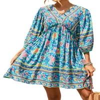 Sunisery Жените Боемски Фустан Цветни Печатење Ракав Етнички Стил Плажа Летни Фустани