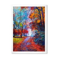 DesignArt 'Црвен есенски пејзаж со мал пат' Традиционален врамен уметнички принт