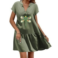 Женски Обични Фустани Сонце Фустан V-Вратот Краток Ракав Цветни Зелени С
