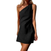 Puе женски постелнина со еден рамо Мини фустан летен случајен фустан без ракави женски врвови црно