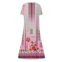 Летни Фустани За Жени Краток Ракав А-Линија Средна Должина Повик Хенли Печатени Фустан Топла Розова XL