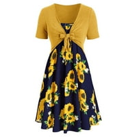 Есен мода жени со краток ракав лак за завој на врвот сончогледот мини фустан фустан фустан