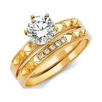 Накит 14к жолто злато круг кубни цирконија CZ свадбена група и ангажман невестински прстен Две сет големина 6,5